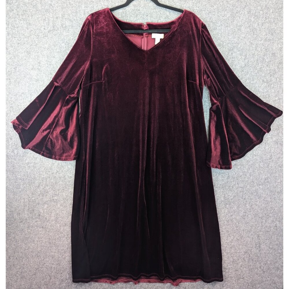 Appleseed's Womens XL Burgundy Stretch Velvet Dress V-Neck 3/4 Bell Sleeve USA - Picture 6 of 12